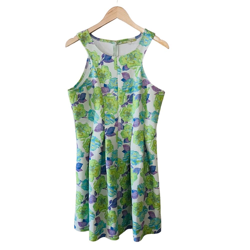 Gianni Bini Floral Scuba Sleeveless Pleated Dress Size Large Green Blue